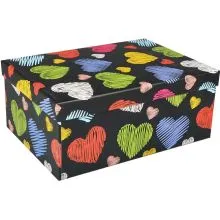 Darilna škatla kartonska črna z barvnimi srčki z bleščicami 23x16,5x10,5cm