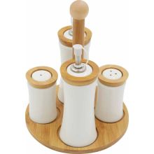 Set posodic za sol, poper, olje in kis, porcelan, na stojalu iz bambusa, 19cm