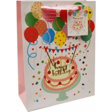 Vrečka darilna, 24x18x8 cm, Happy Birthday, baloni, zlatotisk