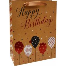 Vrečka darilna, 32x26x10 cm, Happy Birthday, baloni, zlata, bleščice
