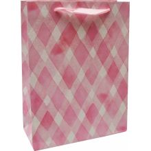 Vrečka darilna, 32x26x10 cm, roza karo, bleščice