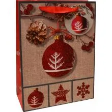 Vrečka darilna, 32x26x10 cm, božična krogla, rdeče bleščice