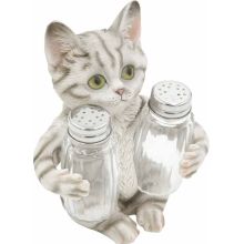 Stojalo za sol in poper v obliki sive mačke, polimasa/steklo, 13x9x14.5cm