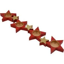 Svečnik lesen za 4 čajne lučke, zvezde, rdeč/zlat, 45.2x10.3x2.3cm