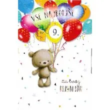 Voščilo, čestitka za rojstni dan, otroška, nastavljiva leta, medvedek z baloni