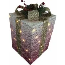Božična dekoracija v obliki darila  z LED lučko, belo/roza, na baterije, 25x25x41cm