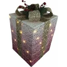 Božična dekoracija v obliki darila  z LED lučko, belo/roza, na baterije, 20x20x35cm