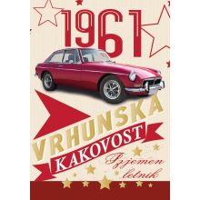 Voščilo, čestitka - 1961, vrhunska kakovost, izjemen letnik - rdeči avto, bleščice, 12x17cm
