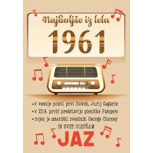 Voščilo, čestitka - Najboljše iz leta 1961 - bež, starinski radio, bleščice, 12x17cm