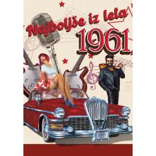 Voščilo, čestitka - Najboljše iz leta 1961 - rdeči avto, kitare, bleščice, 12x17cm