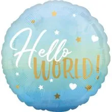 Balon napihljiv, za helij, Hello World, za rojstvo fantka, moder, 43cm