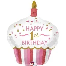 Balon napihljiv, za helij, otroški, Cup Cake, Happy Birthday s št. 1, roza, 73x91cm