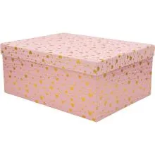 Darilna škatla kartonska, roza z zlatimi srčki, 37.5x29x16cm