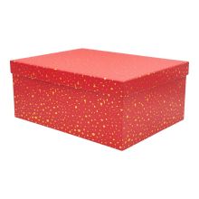 Darilna škatla kartonska, rdeča z zlatimi pikami, 33x25.5x14.5cm