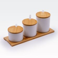 Set 3 doz z žličkami, na podstavku, keramika/bambus, 28.5x9.5x1.2cm