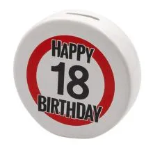 Hranilnik "Happy Birthday" prometni znak 18, keramika, 13cm