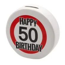 Hranilnik "Happy Birthday" prometni znak 50, keramika, 13cm