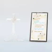 Križ steklen z golobom v darilni škatlici s posvetilom za krst, "Tvoj krst moder", 10cm