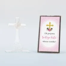 Križ steklen z golobom v darilni škatlici s posvetilom za krst, "Ob prejemu roza", 10cm