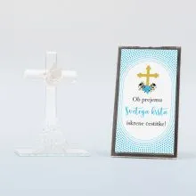 Križ steklen z golobom v darilni škatlici s posvetilom za krst, "Ob prejemu moder", 10cm