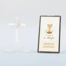 Križ steklen z golobom v darilni škatlici s posvetilom za obhajilo, 10cm