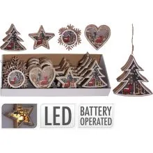 Božični obesek za smreko, lesen z LED lučko, 12cm, sort.