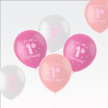Baloni barvni, 6kom, 1. rojstni dan, za deklico, lateks, 33cm