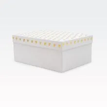 Darilna škatla kartonska, bela, z zlatimi srčki na pokrovu, 27x20x11.5cm