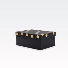 Darilna škatla kartonska, črna, z zlatimi pikami na pokrovu, 25x18x10.5cm