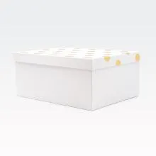 Darilna škatla kartonska, bela, z zlatimi pikami na pokrovu, 35x27x15.5cm