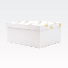 Darilna škatla kartonska, bela, z zlatimi pikami na pokrovu, 35x27x15.5cm