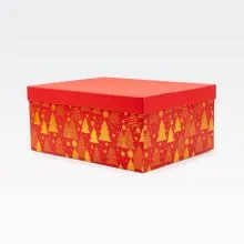 Darilna škatla kartonska, rdeča z zlatimi smrekicami, 33x25.5x14.5cm