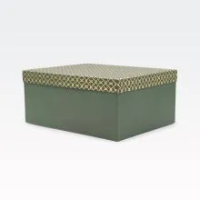 Darilna škatla kartonska, zelena z zlato dekoracijo na pokrovu, 33x25.5x14.5cm