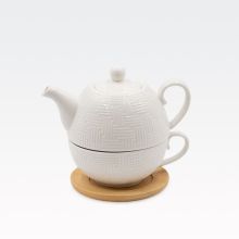 Čajnik s skodelico, porcelan, na podstavku iz bambusa, 14cm