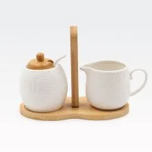 Posodici za mleko in sladkor s pokrovom in žličko, porcelan, na stojalu iz bambusa, 11cm