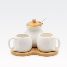 Set za kavo - 2 skodelici, 120ml in posodica za sladkor s pokrovom in žličko, porcelan, na podstavku iz bambusa, 8cm