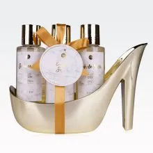 Kopalni set MARBLE GOLD v PVC čevlju, z vonjem zlatega jasmina, (gel za tušranje 100ml, peneča kopel 100ml, losjon za telo 100ml)