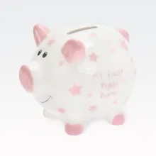 Hranilnik, pujsek, za rojstvo, "MY FIRST PIGGY BANK", belo/roza, kitajski porcelan, 10x13.5cm