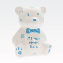 Hranilnik, medvedek, za rojstvo, "MY FIRST TEDDY BANK" belo/moder, kitajski porcelan, 12x7cm