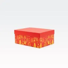 Darilna škatla kartonska, rdeča z zlatimi smrekami, 25x18x10.5cm