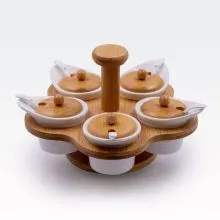 Set 5 skled za prigrizke/omake z žličkami, na podstavku, keramika/bambus, 30x7cm