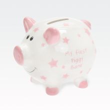 Hranilnik, pujsek, za rojstvo, "MY FIRST PIGGY BANK", belo/roza, kitajski porcelan, 10x13.5cm