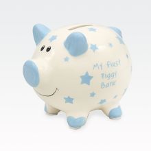 Hranilnik, pujsek, za rojstvo, "MY FIRST PIGGY BANK", belo/moder, kitajski porcelan, 10x13.5cm