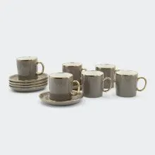 Set lončkov s krožniki, 6/1, rjavi z zlatim robom, porcelan, 13x8cm