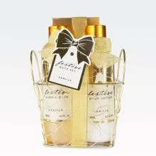 Kopalni set FESTIVE, (190ml peneča kopel, 150g kopalana sol), z vonjem vanilije, v žičnati košari