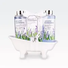 Kopalni set LAVENDER, (140ml gel za tuširanje, 140ml peneča kopel, 50g kopalna sol) z vonjem Lavender&Sage Mint, v keramični banji