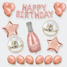 Set balonov Happy Birthday, Cheers - balon napihljiv za helij - penina, 49x98cm, 2x zvezda, 45cm, 2x okrogel, 45cm, 13x balon črka, 40cm, 12x balon iz lateksa, 30cm, rosegold, 30/1