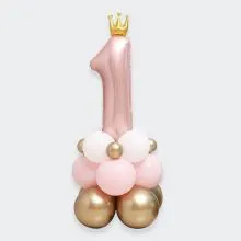 Set balonov za 1. rojstni dan, za punčko - balon napihljiv za helij, št. 1, 82cm, 16x balon iz lateksa (4x12cm, 8x25cm, 4x30cm), vrvica, palčka, nalepke za pritrditev balonov, roza, 20/1, 40x115cm