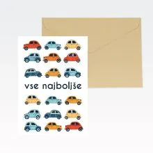 Voščilnica, rojstni dan, Vse najboljše, avti, bela, folija