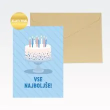 Voščilnica, rojstni dan, Vse najboljše, torta, modra